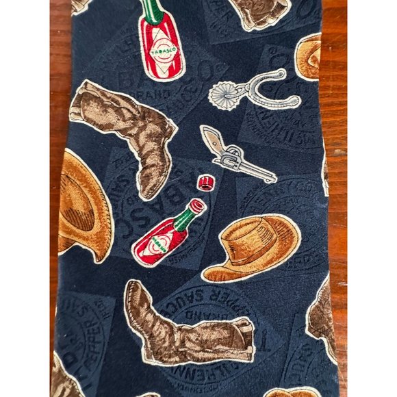 Tabasco Western Wear and Tabasco Bottles Tie OS Blue Western Cowboy Silk - Picture 4 of 16